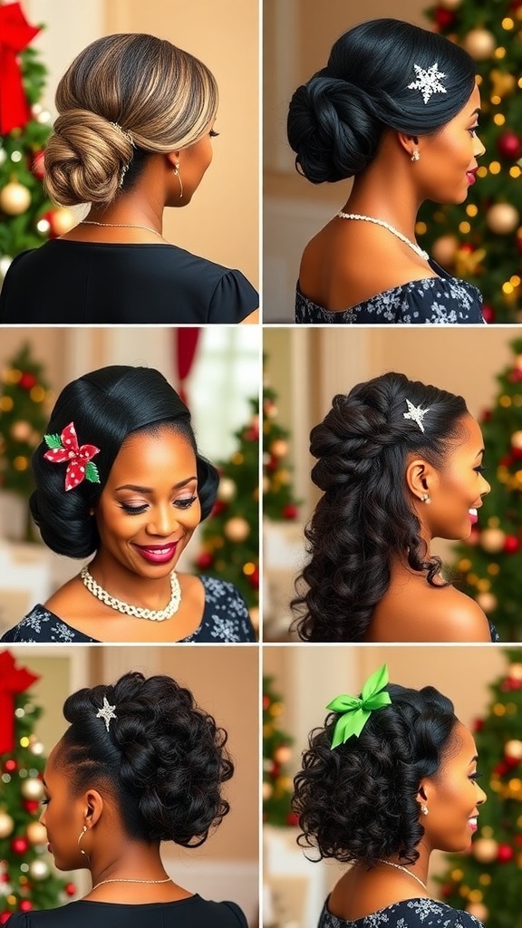 Collage of stunning Christmas hairstyles for Black women over 50, featuring elegant updos, curls, and braids.